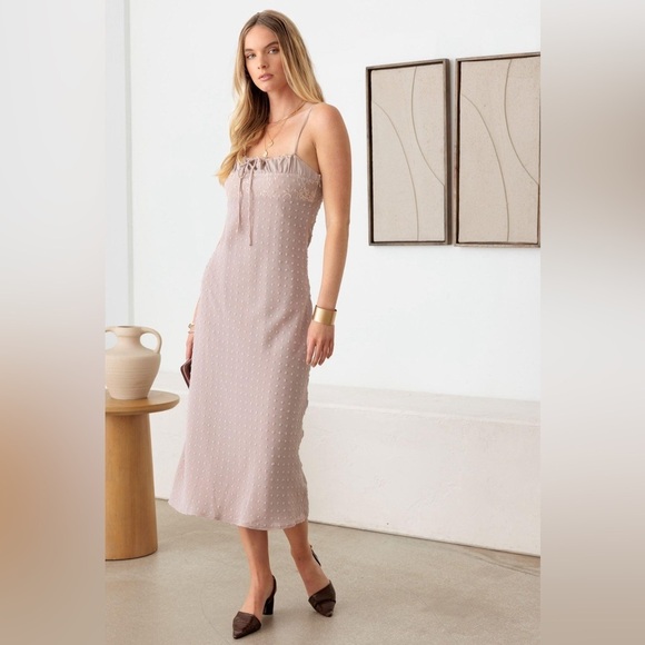 NWT-Swiss Dot Lace Trimmed Spaghetti Strap Bias Midi Dress - Picture 8 of 12